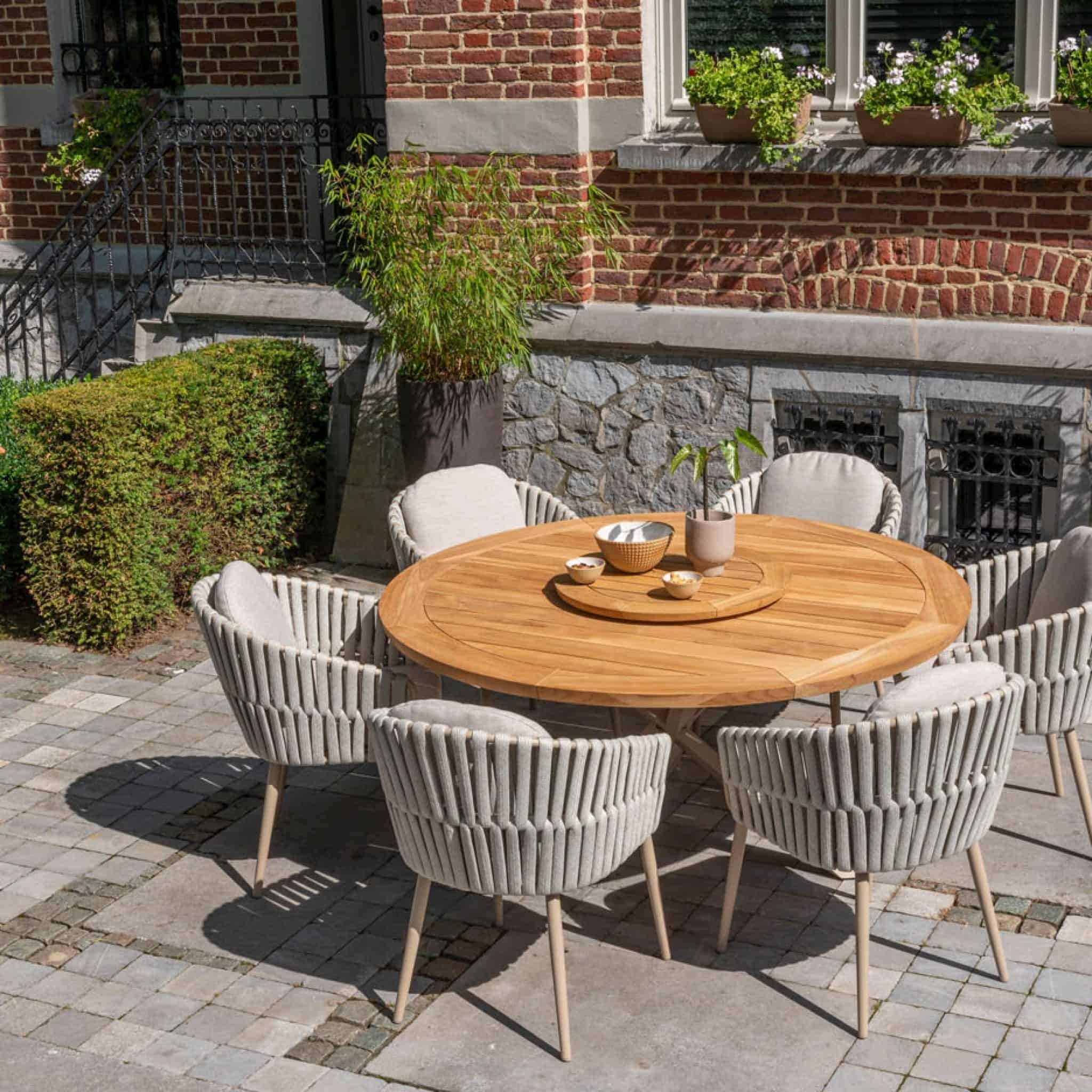 4 Season Outdoor Prado 160cm Latte Legs Teak Top Table with 6 Eva Dining Chairs