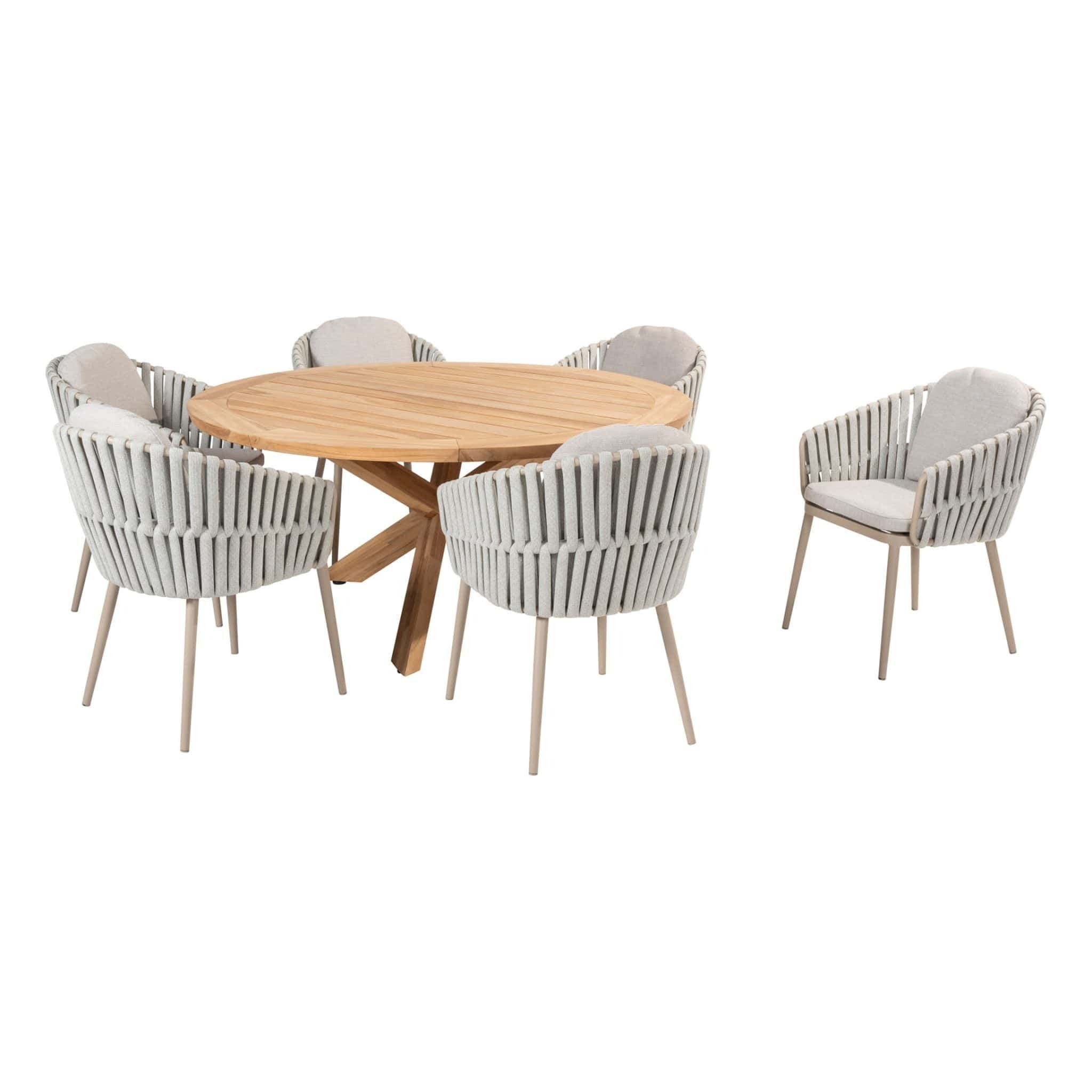 4 Season Outdoor Prado 160cm Latte Legs Teak Top Table with 6 Eva Dining Chairs